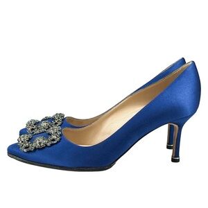Manolo Blahnik Hangisi 70 Blue Satin Crystal Buckle Pumps 37.5